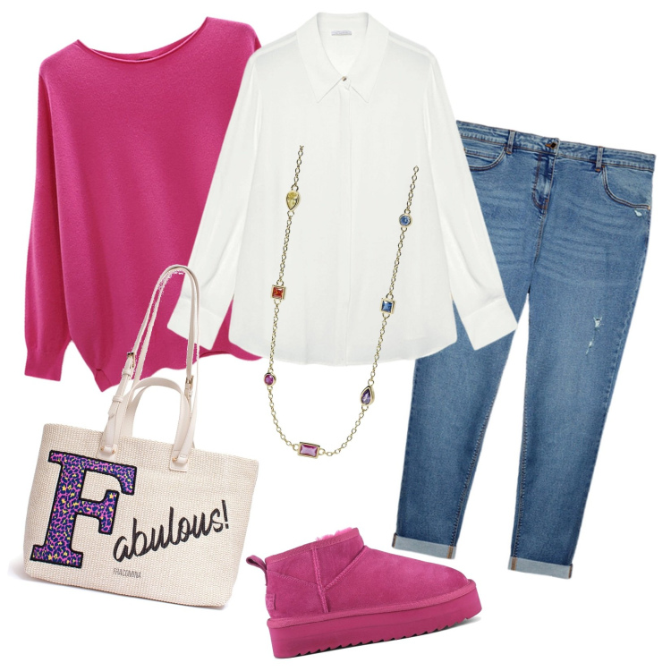 Outfit donna - Maglia fucsia. Abbinamento con collane, borse a tracolla, stivaletti, maglieria, jeans strappati, camicie.