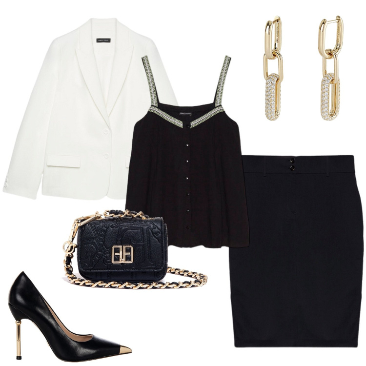 Outfit donna - Elegante Curvy Black and white. Stile Bon Ton per Cerimonia. Abbinamento con orecchini, décolleté, marsupi, gonne, top, blazer.