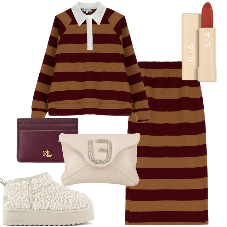 Outfit donna - Total look #1977212. Stile Casual per Tutti i giorni. Abbinamento con borse a mano, rossetti, gonne longuette, felpe, portafogli, stivaletti.