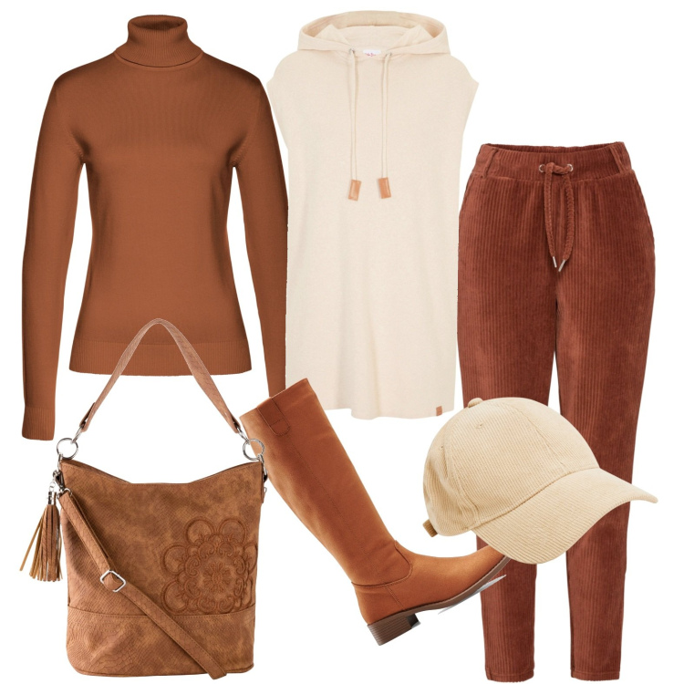 Outfit donna - Total look #1977213. Stile Casual per Tutti i giorni. Abbinamento con borse a mano, maglieria, stivali, gilet, pantaloni, cappelli con visiera.