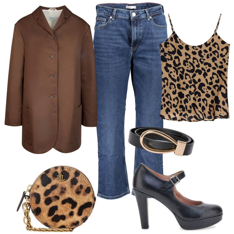 Outfit donna - Tocchi animalier ad ottobre. Stile Casual chic per Tutti i giorni. Abbinamento con top, pochette, trench, jeans dritti, cinture, décolleté.