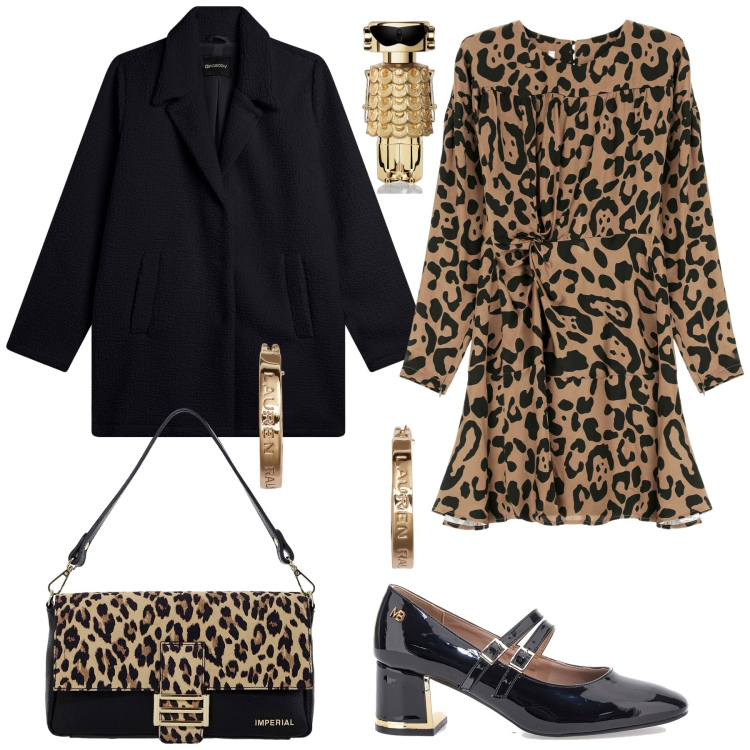 Outfit donna - Cena fuori ad ottobre. Stile Chic per Serata fuori. Abbinamento con profumi, vestiti corti, borse a spalla, cappotti, orecchini, décolleté.