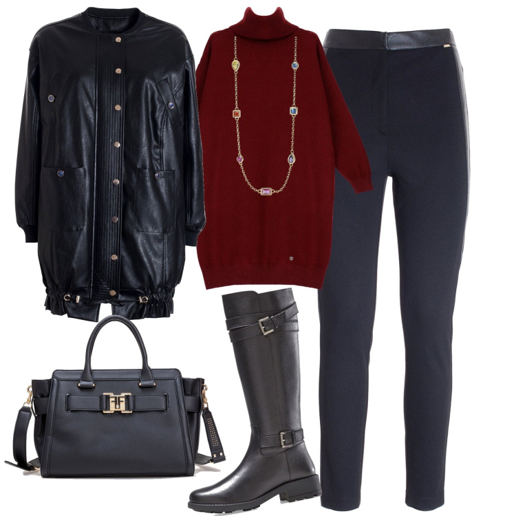 Outfit donna - Rainy days. Stile Casual chic per Tutti i giorni. Abbinamento con stivali, collane, pantaloni skinny, blazer, borse tote, maglieria.