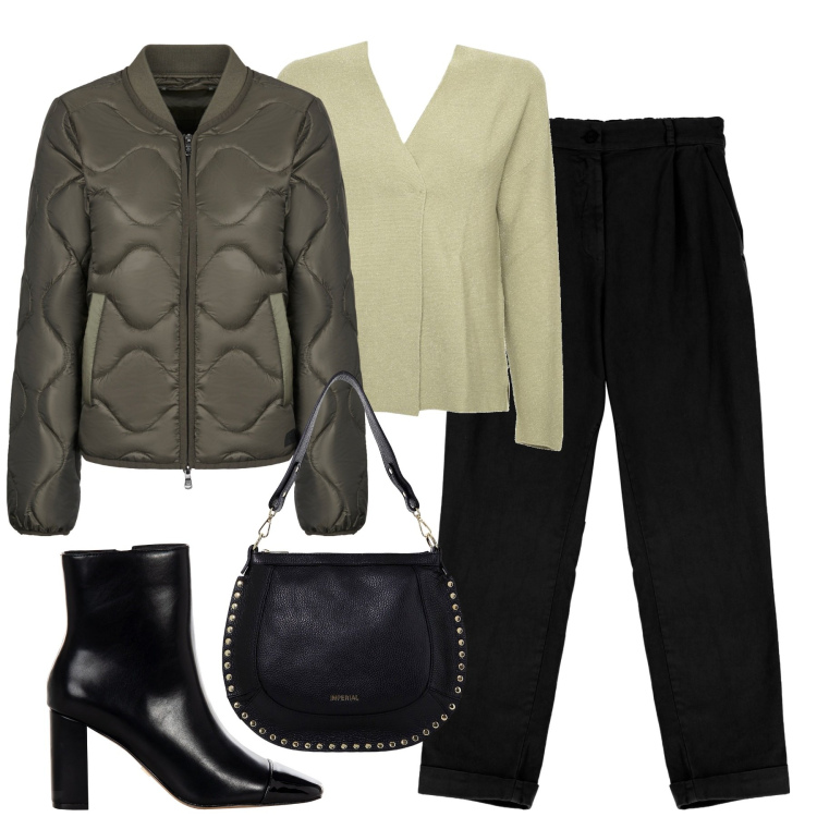 Outfit donna - City. Stile Urban per Tutti i giorni. Abbinamento con stivaletti, pantaloni chino, borse a spalla, blazer, cardigans.