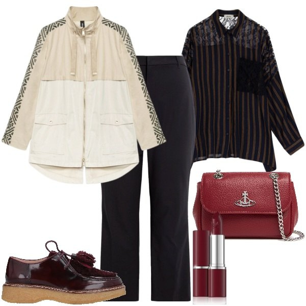 Outfit donna - Curvy una giornata piovosa. Stile Casual chic per Ufficio. Abbinamento con scarpe stringate, rossetti, camicie, pantaloni, parka, borse a spalla.
