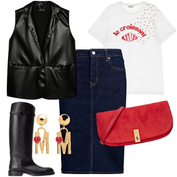 Outfit donna - Colazione al bar. Stile Casual chic per Ufficio. Abbinamento con t-shirt, gonne, stivali, clutch, orecchini, gilet.