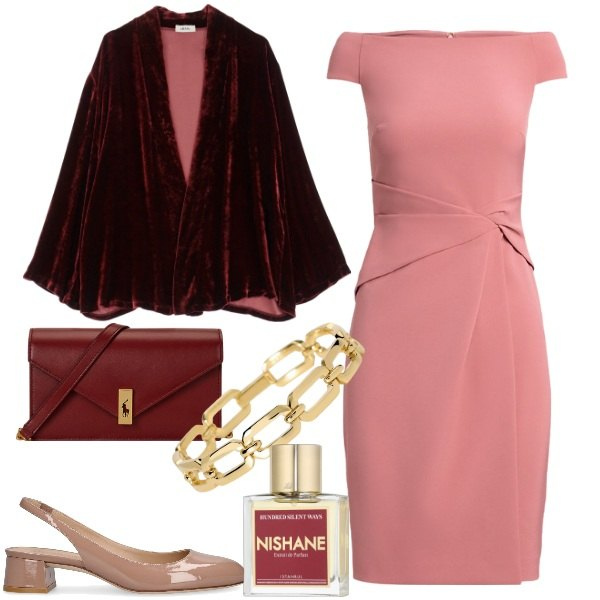 Outfit donna - Blazer in velluto liscio. Stile Bon Ton per Cerimonia. Abbinamento con profumi, braccialetti, blazer, vestiti, clutch, décolleté.