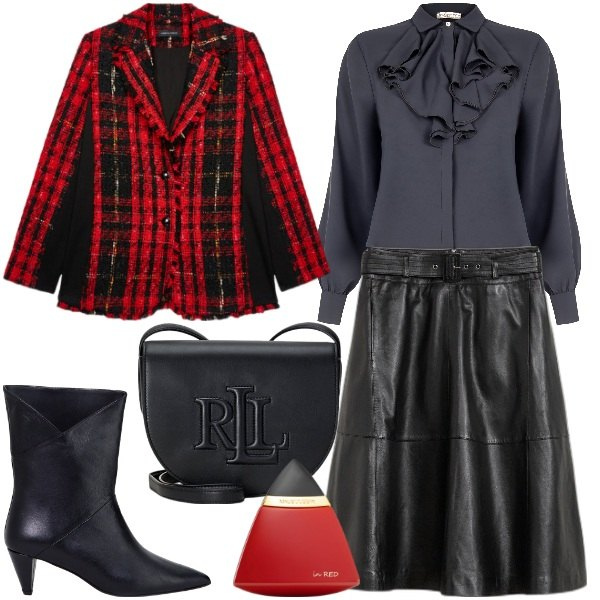 Outfit donna - Sopra la 50 ufficio. Stile Bon Ton per Ufficio. Abbinamento con gonne, profumi, camicie, stivaletti, borse a tracolla, blazer.