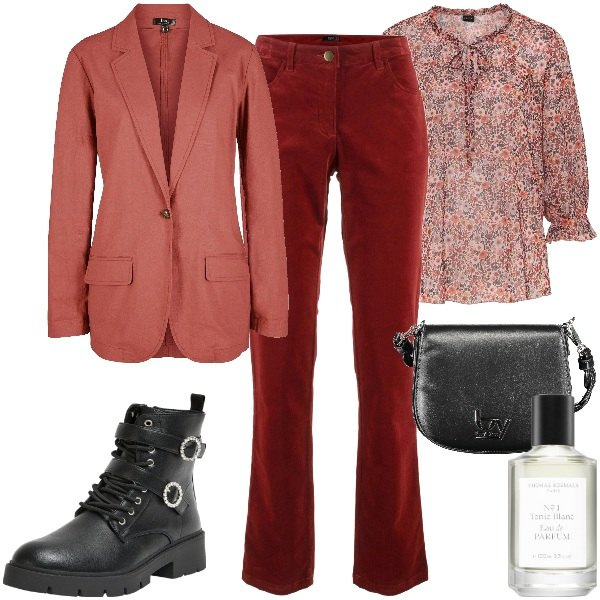 Outfit donna - Completo ruggine. Stile Casual chic per Ufficio. Abbinamento con pantaloni, tuniche, blazer, profumi, anfibi, borse a spalla.