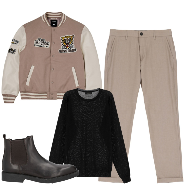 Outfit uomo - Ottobre. Stile Urban per Tutti i giorni. Abbinamento con stivali e stivaletti, bomber, pantaloni, maglieria.