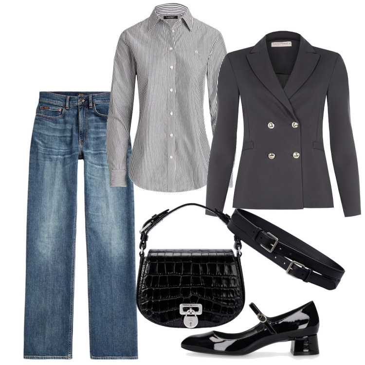 Outfit donna - Diplomatica in jeans. Stile Casual chic per Ufficio. Abbinamento con blazer, camicie, jeans dritti, cinture, borse a tracolla, décolleté.