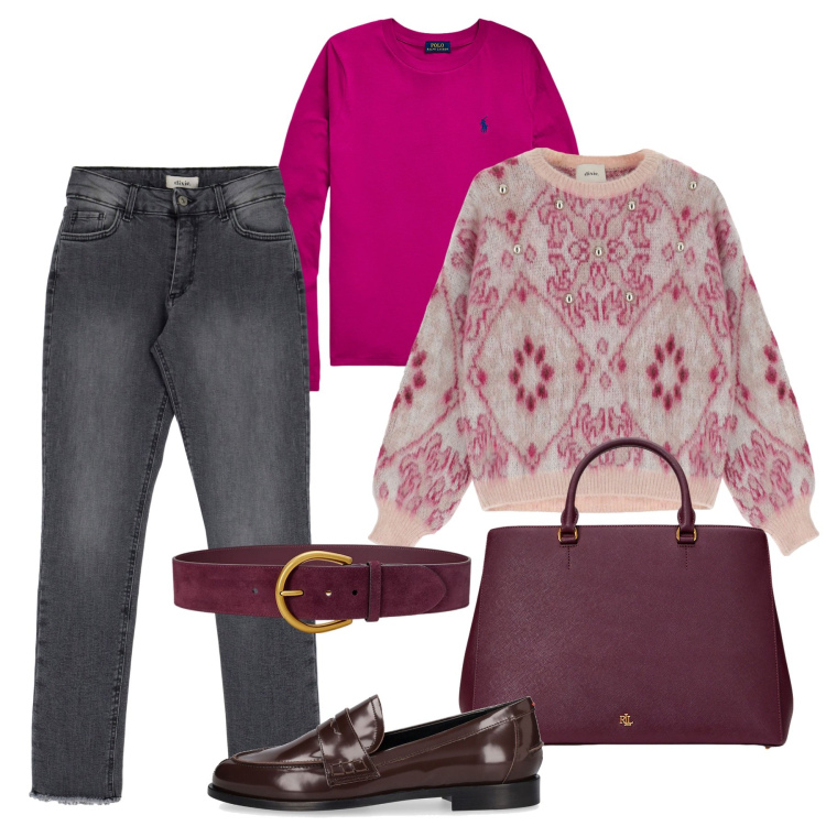 Outfit donna - Spazi rosa. Stile Bon Ton per Tutti i giorni. Abbinamento con jeans, maglieria, borse a mano, t-shirt, cinture, mocassini.