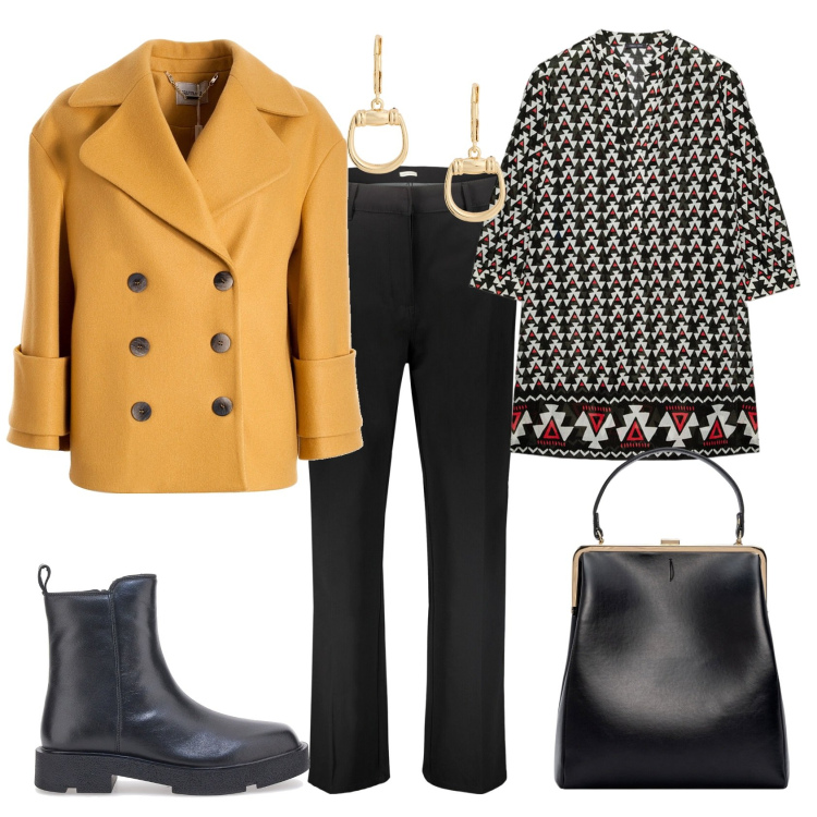 Outfit donna - Comfy and style. Stile Trendy per Tutti i giorni. Abbinamento con caban, orecchini, stivaletti, pantaloni, bluse, borse a spalla.