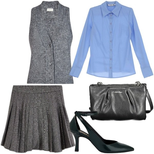 Outfit donna - Come portate il gilet. Stile Preppy per Ufficio. Abbinamento con minigonne, camicie, décolleté, maglieria, borse a mano.