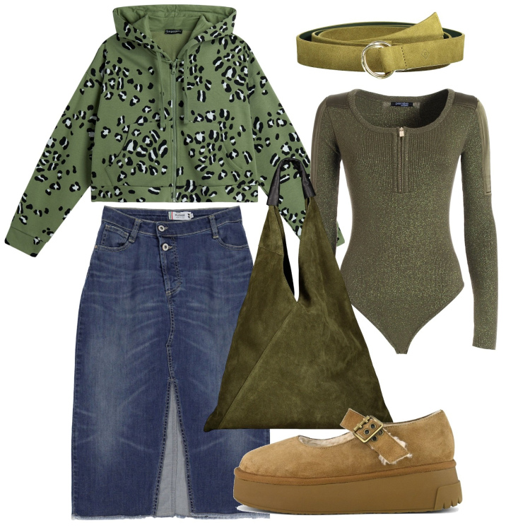 Outfit donna - Autunno verde. Stile Urban per Tutti i giorni. Abbinamento con gonne, body, felpe, décolleté, cinture, borse a spalla.