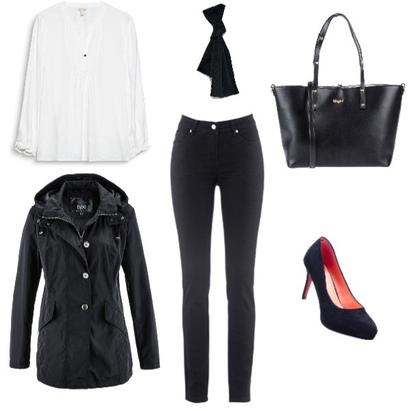 Outfit donna - Trendy in ufficio. Stile Trendy per Tutti i giorni. Abbinamento con jeans dritti, blazer, décolleté, borsa a mano taglia media doppio manico interno foderato in pelle sintetica tinta unita, camicia bianco, sciarpa a coste nero.