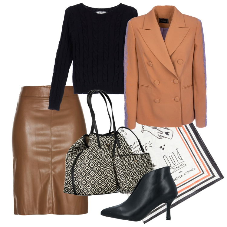 Outfit donna - Autunno caramello con borsa chic. Stile Chic per Tutti i giorni. Abbinamento con gonne longuette, stivaletti, pullovers, blazer, borse a spalla, foulard.