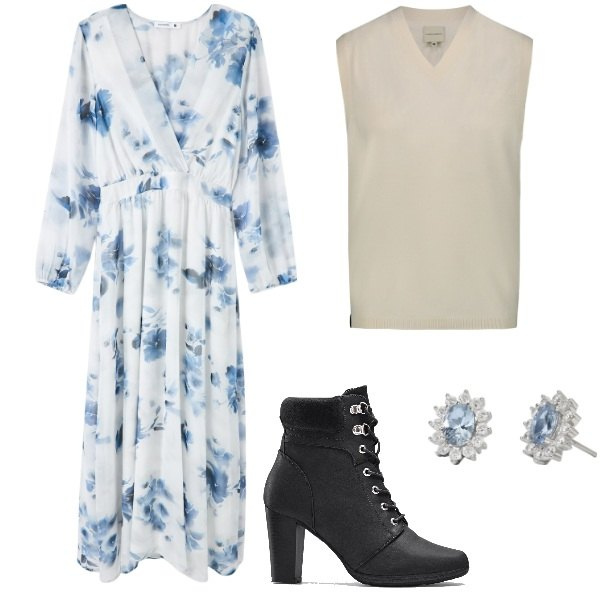 Outfit donna - Da giorno con longdress e stivaletti. Stile Trendy per Ufficio. Abbinamento con stivaletti, vestiti lunghi, orecchini, maglieria.