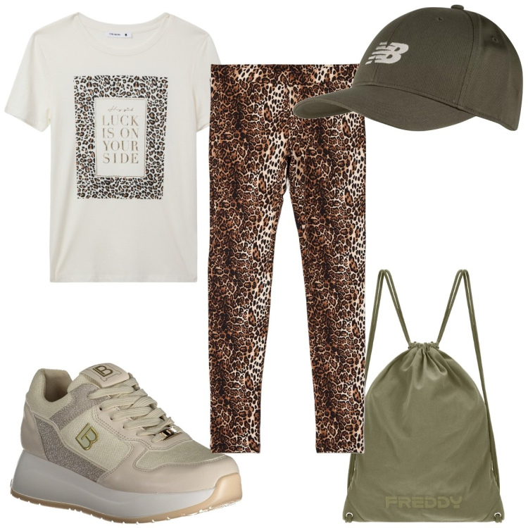 Outfit donna - Total look #1977398. Stile Trendy per Sport. Abbinamento con cappelli con visiera, t-shirt, leggings, zaini, sneakers.