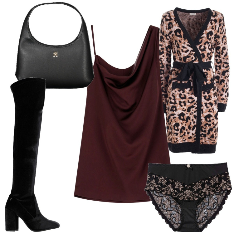 Outfit donna - Total look #1977403. Stile Sexy per Serata fuori. Abbinamento con culotte, stivali, cardigans, vestiti asimmetrici, borse a spalla.