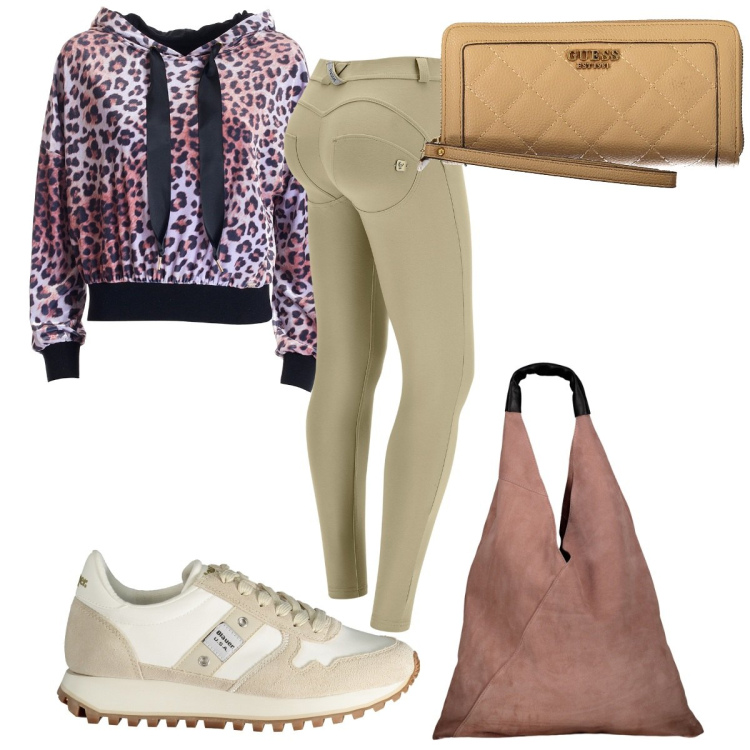 Outfit donna - Total look #1977422. Stile Trendy per Sport. Abbinamento con felpe con cappuccio, pantaloni skinny, sneakers, borse a spalla, portafogli.