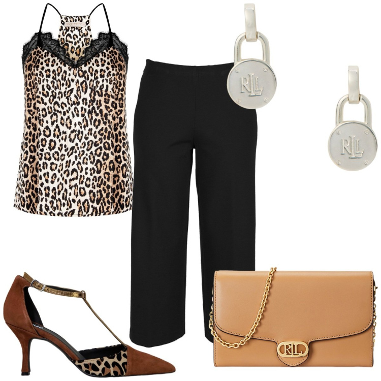 Outfit donna - Total look #1977426. Stile Trendy per Serata fuori. Abbinamento con top, décolleté, orecchini, borse a tracolla, pantaloni.