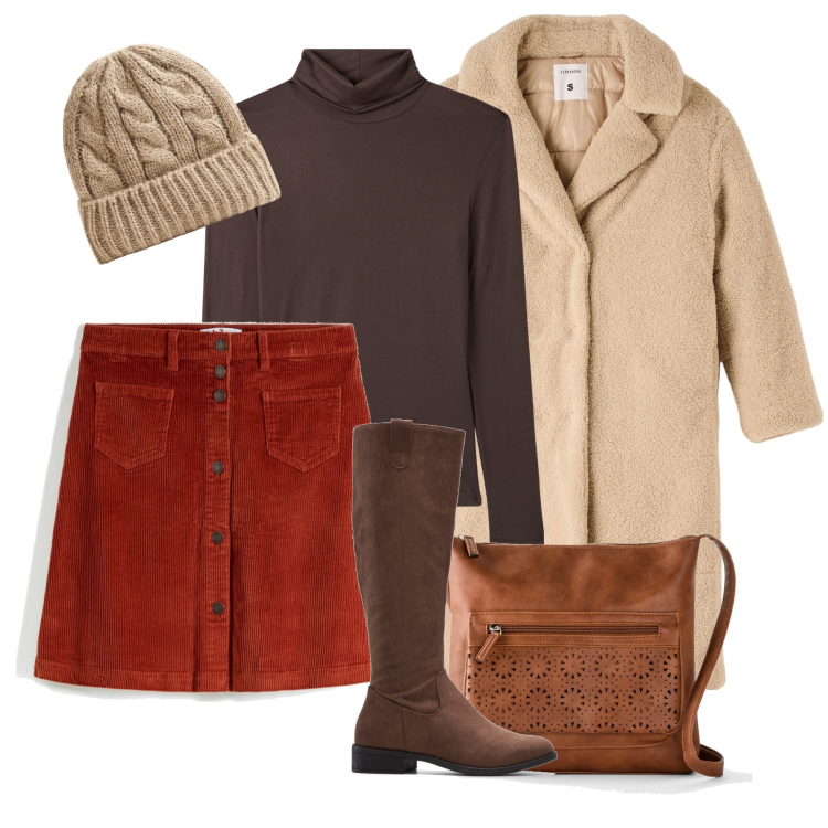 Outfit donna - Tutti i giorni. Stile Casual per Tutti i giorni. Abbinamento con gonne, borse a tracolla, stivali, cappotti, maglieria, berretti.