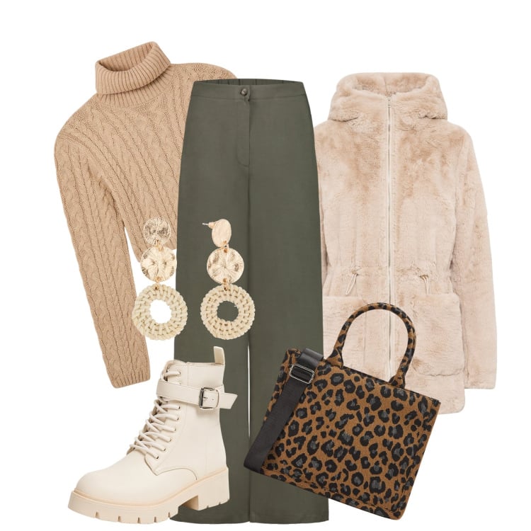 Outfit donna - Ecopelliccia. Stile Casual chic per Tutti i giorni. Abbinamento con ecopellicce, orecchini, shopping bag, maglieria, anfibi, pantaloni.