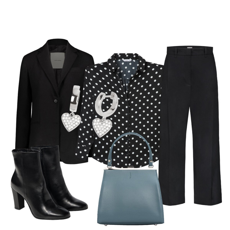 Outfit donna - Gli orecchini con gli strass. Stile Bon Ton per Tutti i giorni. Abbinamento con camicie, orecchini, pantaloni, blazer, stivaletti, clutch.