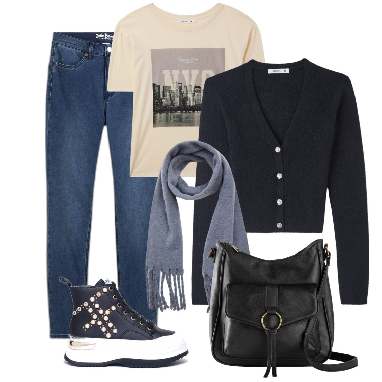 Outfit donna - Una passeggiata con il sole. Stile Casual per Tutti i giorni. Abbinamento con jeans slim fit, borse a tracolla, t-shirt, cardigans, sciarpe, sneakers.