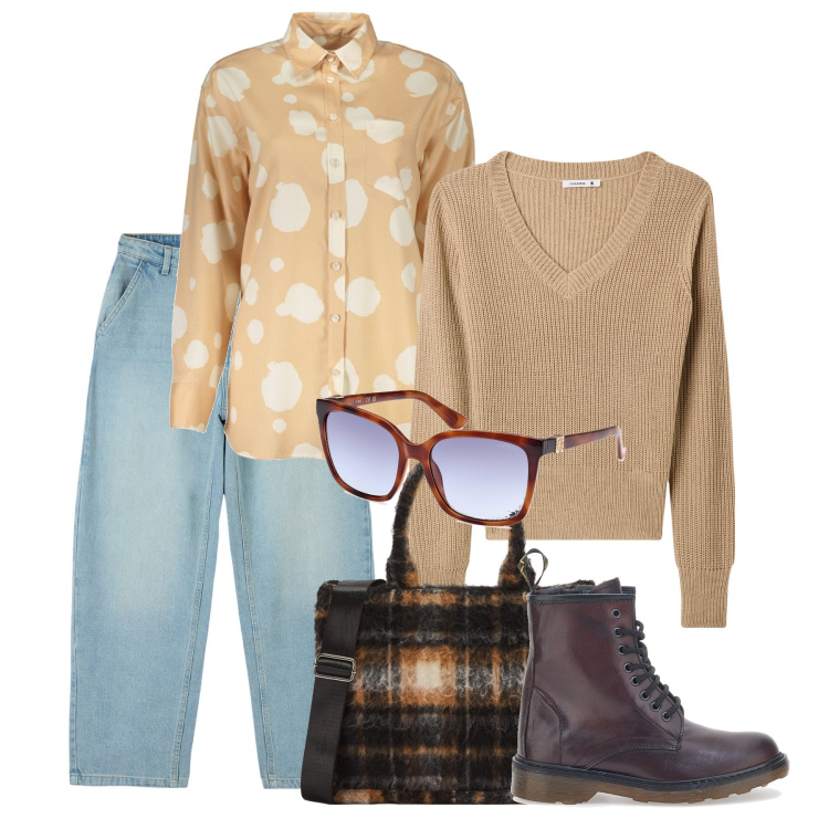 Outfit donna - La borsa in lana. Stile Casual per Tutti i giorni. Abbinamento con jeans, shopping bag, maglieria, anfibi, camicie, occhiali da sole.