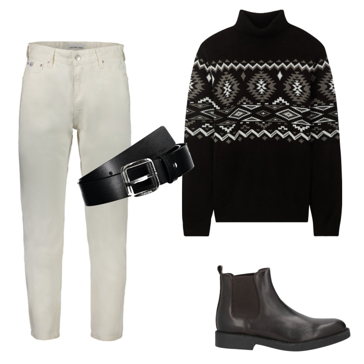 Outfit uomo - Maglieria chunky. Stile Trendy per Tutti i giorni. Abbinamento con stivali e stivaletti, maglieria, jeans, cinture.