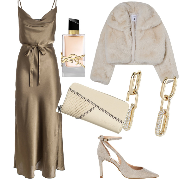 Outfit donna - Sofisticata serata. Stile Glamour per Serata fuori. Abbinamento con profumi, blazer, orecchini, décolleté, vestiti lunghi, portafogli.