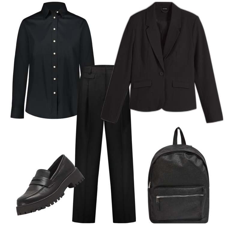 Outfit donna - Come lui. Stile Mannish per Ufficio. Abbinamento con blazer, zaini, mocassini, pantaloni, camicie.
