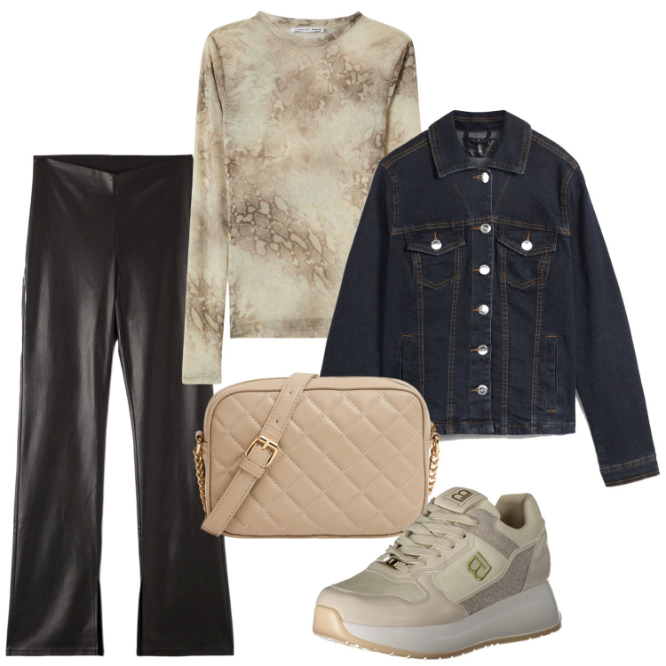 Outfit donna - Stampe ed ecopelle. Stile Urban per Tutti i giorni. Abbinamento con blazer, maglieria, pantaloni, borse a tracolla, sneakers.