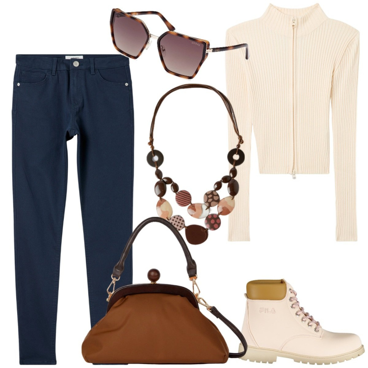 Outfit donna - Accessori statement. Stile Glamour per Tutti i giorni. Abbinamento con pantaloni skinny, cardigans, clutch, stivali, collane, occhiali da sole.