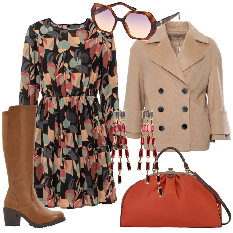 Outfit donna - Accessori statement. Stile Chic per Ufficio. Abbinamento con stivali, orecchini, vestiti, cappotti, borse a spalla, occhiali da sole.