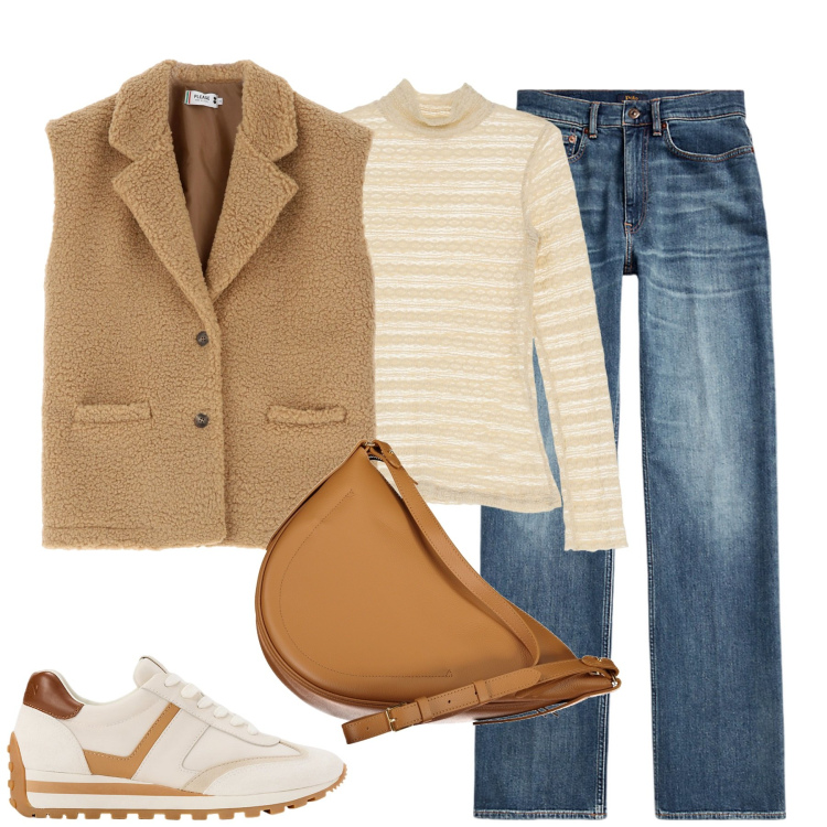 Outfit donna - City. Stile Urban per Tutti i giorni. Abbinamento con gilet, t-shirt, sneakers, jeans dritti, borse a tracolla.