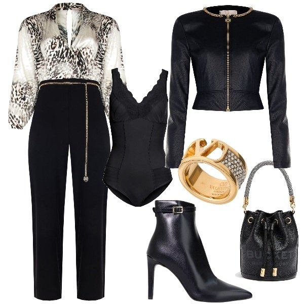 Outfit donna - Serata coi colleghi. Stile Glamour per Serata fuori. Abbinamento con body, tute, blazer, stivaletti, borse a secchiello, anelli.