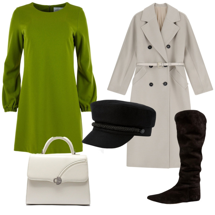 Outfit donna - Total look #1977683. Stile 70s per Tutti i giorni. Abbinamento con cappotti, cappelli, stivali sopra il ginocchio, vestiti midi/longuette, borse a mano.