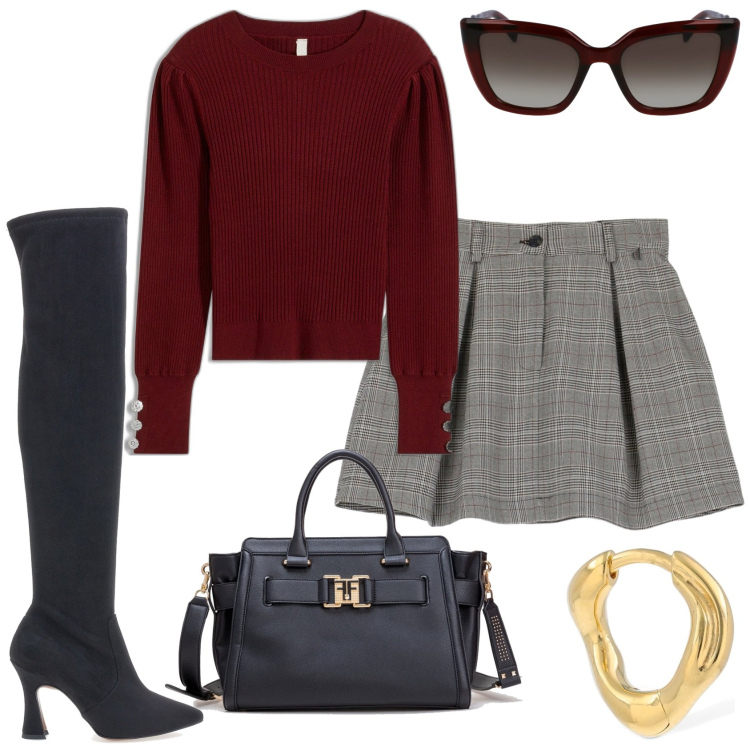 Outfit donna - Accessori statement. Stile Glamour per Serata fuori. Abbinamento con maglieria, borse tote, minigonne, stivali, occhiali da sole, orecchini.