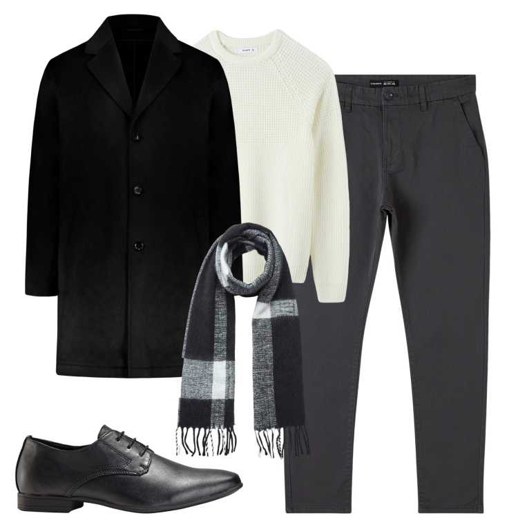 Outfit uomo - City. Stile Urban per Tutti i giorni. Abbinamento con scarpe stringate, pantaloni chino, maglieria, sciarpe, cappotti.