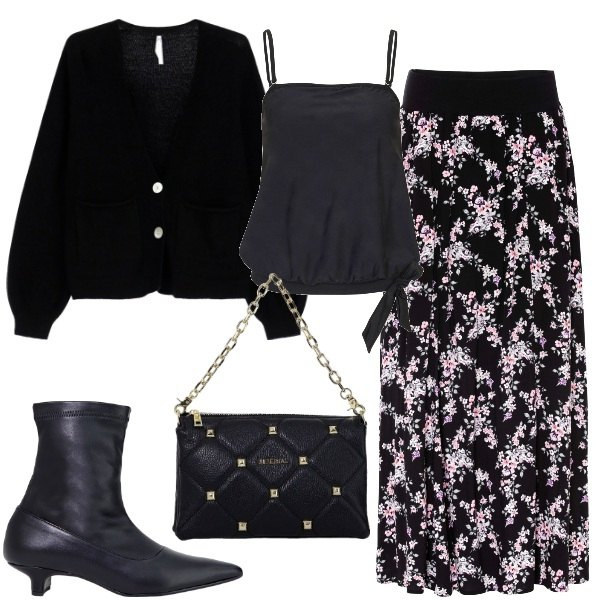 Outfit donna - Plus size black. Stile Chic per Tutti i giorni. Abbinamento con gonne lunghe, top, cardigans, borse a spalla, stivaletti.