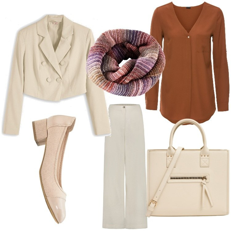 Outfit donna - La prof. di italiano. Stile Bon Ton per Scuola/Università. Abbinamento con camicie, blazer, décolleté, foulard, shopping bag, pantaloni.