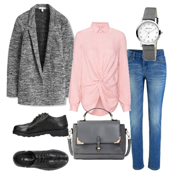Outfit donna - Urban in grigio. Stile Urban per Tutti i giorni. Abbinamento con jeans skinny, blusa con nodi a maniche lunghe in denim rosa, borsa a tracolla grigio, scarpe stringate stringate con tacco squadrato e laccetti interno foderato con punta tonda in pelle sintetica tinta unita, blazer nero, orologio.