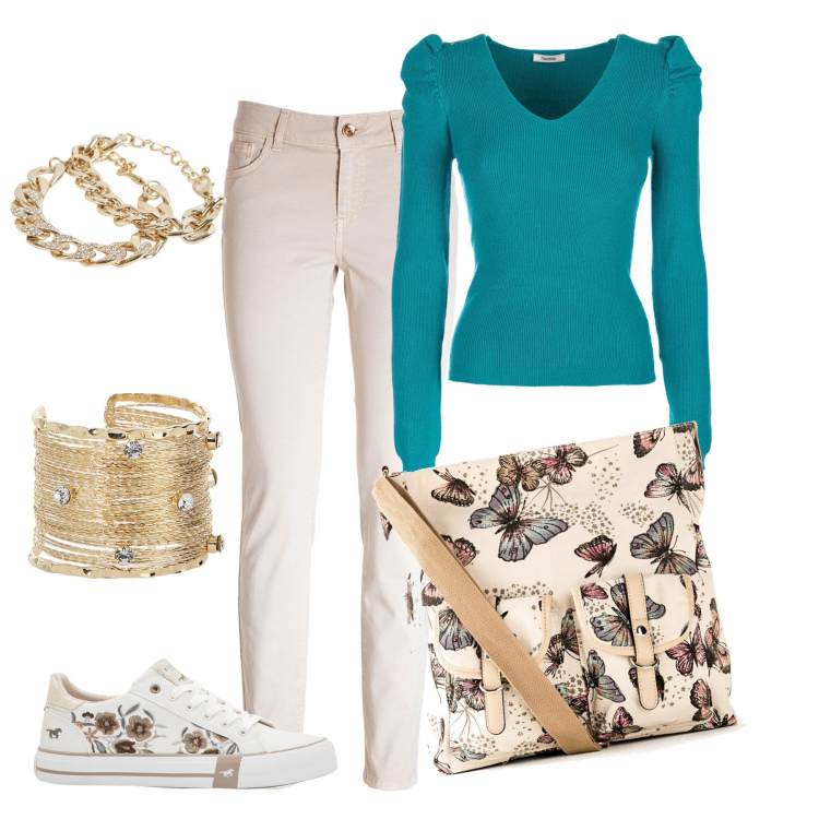 Outfit donna - Sapersi distinguere. Stile Casual chic per Tutti i giorni. Abbinamento con borse a tracolla, sneakers, braccialetti, braccialetti, maglieria, jeans skinny.