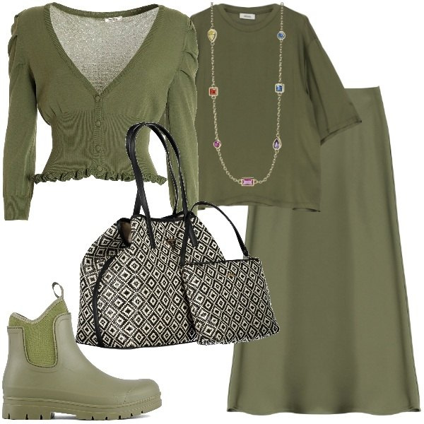 Outfit donna - Plus size verde oliva. Stile Trendy per Tutti i giorni. Abbinamento con collane, cardigans, gonne longuette, maglieria, stivali, borse a spalla.