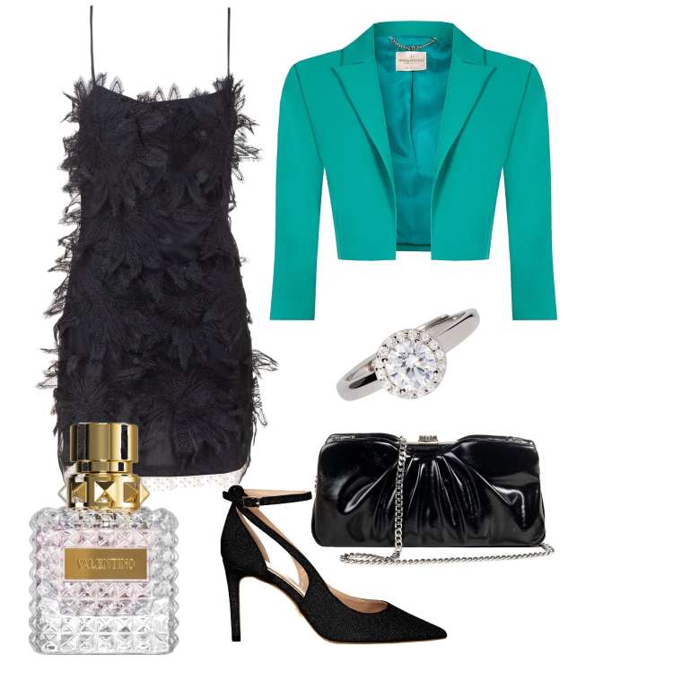 Outfit donna - Solo per una notte. Stile Sexy per Serata fuori. Abbinamento con profumi, anelli, pochette, décolleté, bolero, vestiti senza maniche.