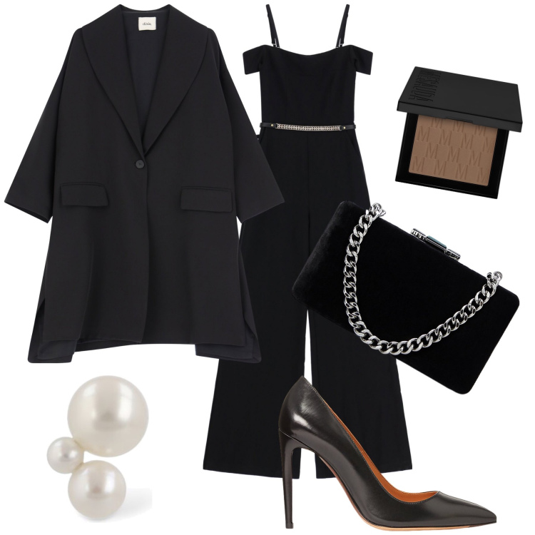 Outfit donna - Tuta e stiletto. Stile Chic per Serata fuori. Abbinamento con terre, tute, décolleté, clutch, blazer, orecchini.