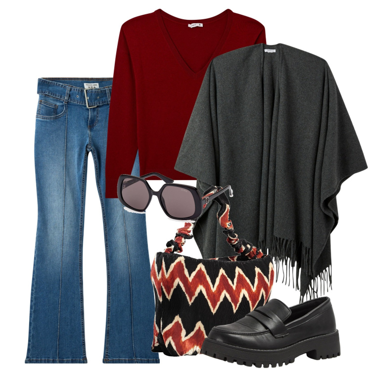 Outfit donna - Il poncho a scialle. Stile Bon Ton per Ufficio. Abbinamento con cappe, jeans a zampa, maglieria, mocassini, borse a spalla, occhiali da sole.